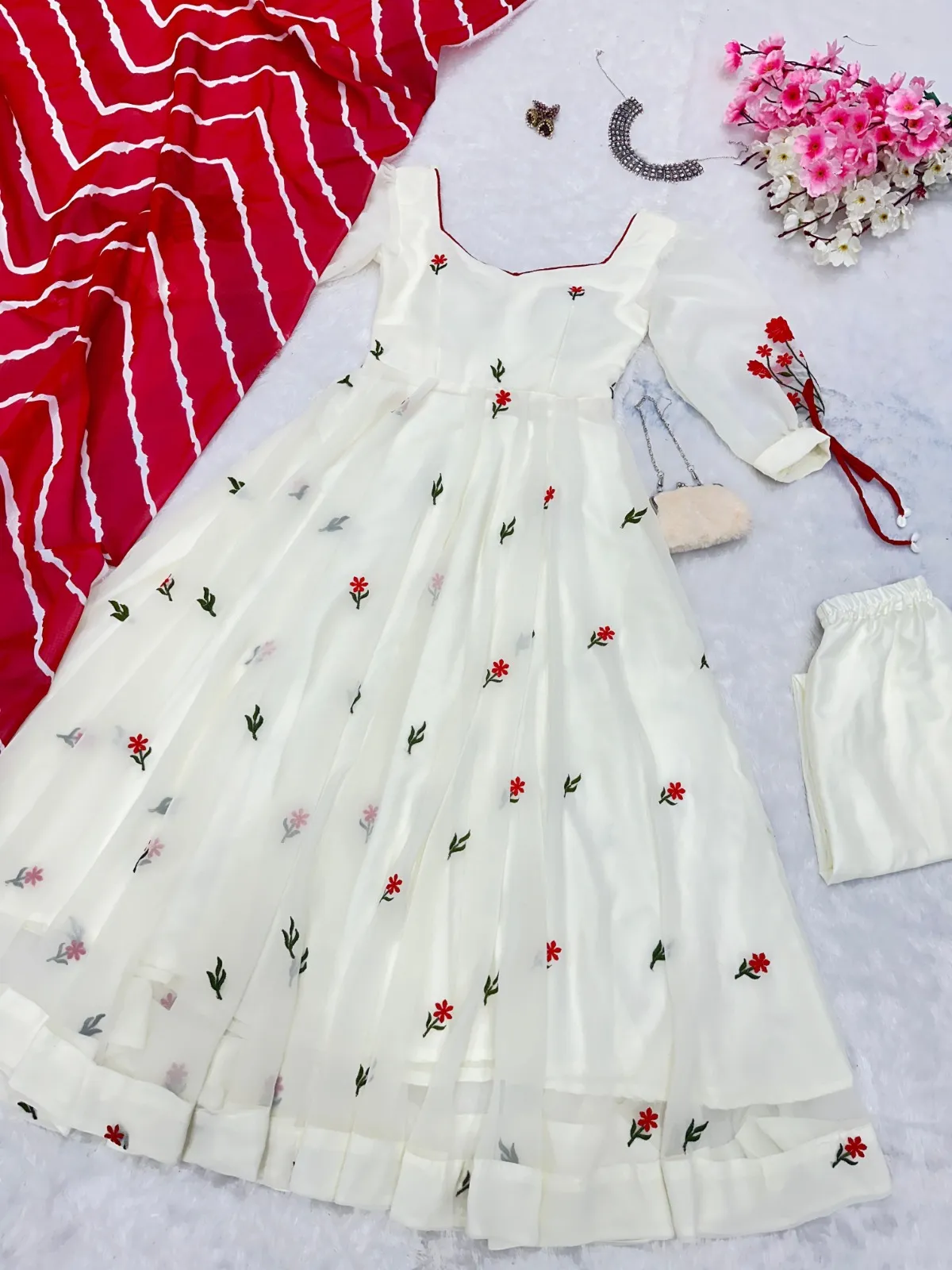 White Anarkali Suit with Red Butta and Big Flair - Image 4