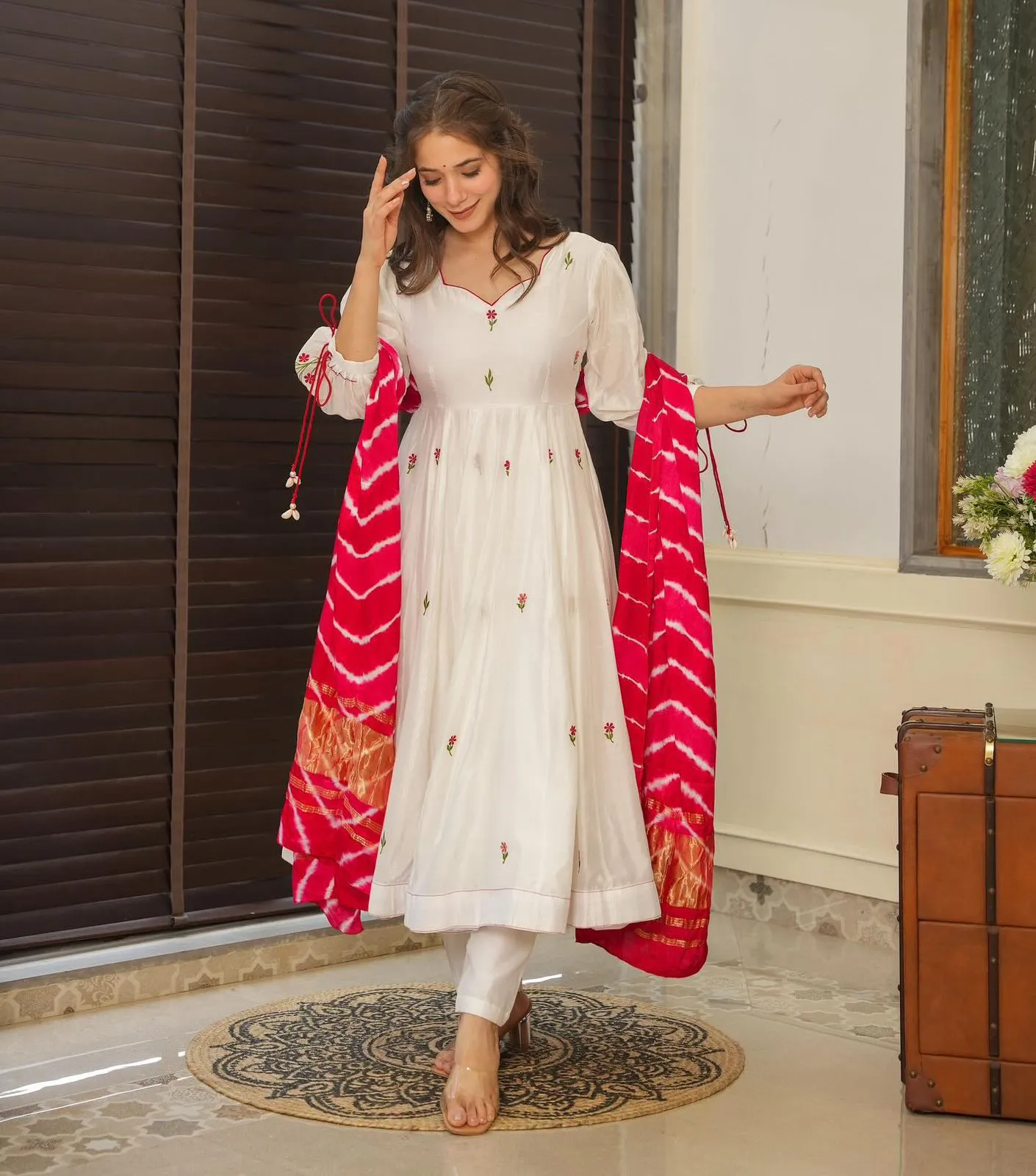 White Anarkali Suit with Red Butta and Big Flair - Image 5