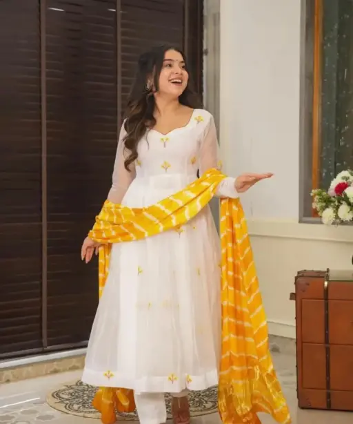 White Anarkali Suit with Yellow Embroidery for Haldi Function
