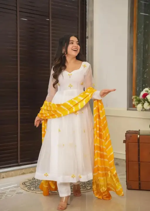 White Anarkali Suit with Yellow Embroidery for Haldi Function
