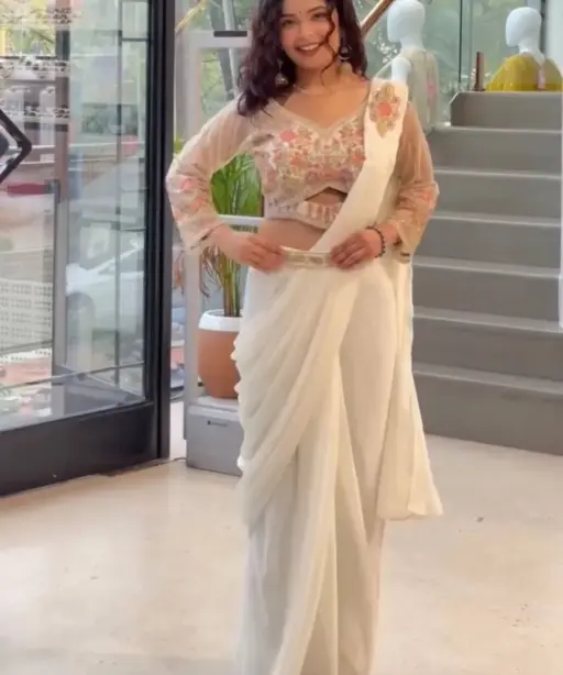 White Ready to Wear Saree with Embroidery Blouse and Belt