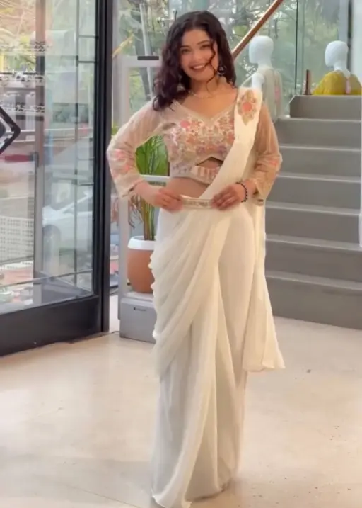 White Ready to Wear Saree with Embroidery Blouse and Belt