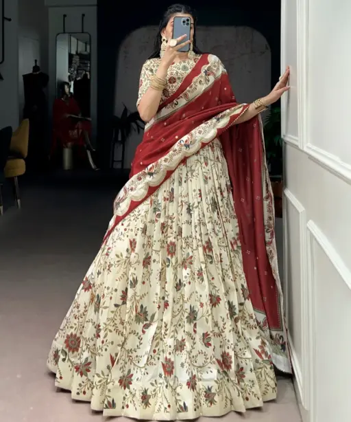 White Silk Printed Lehenga Choli