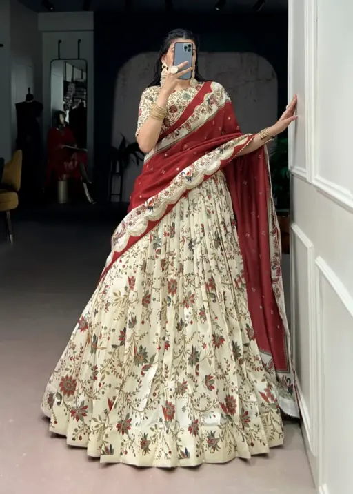 White Silk Printed Lehenga Choli