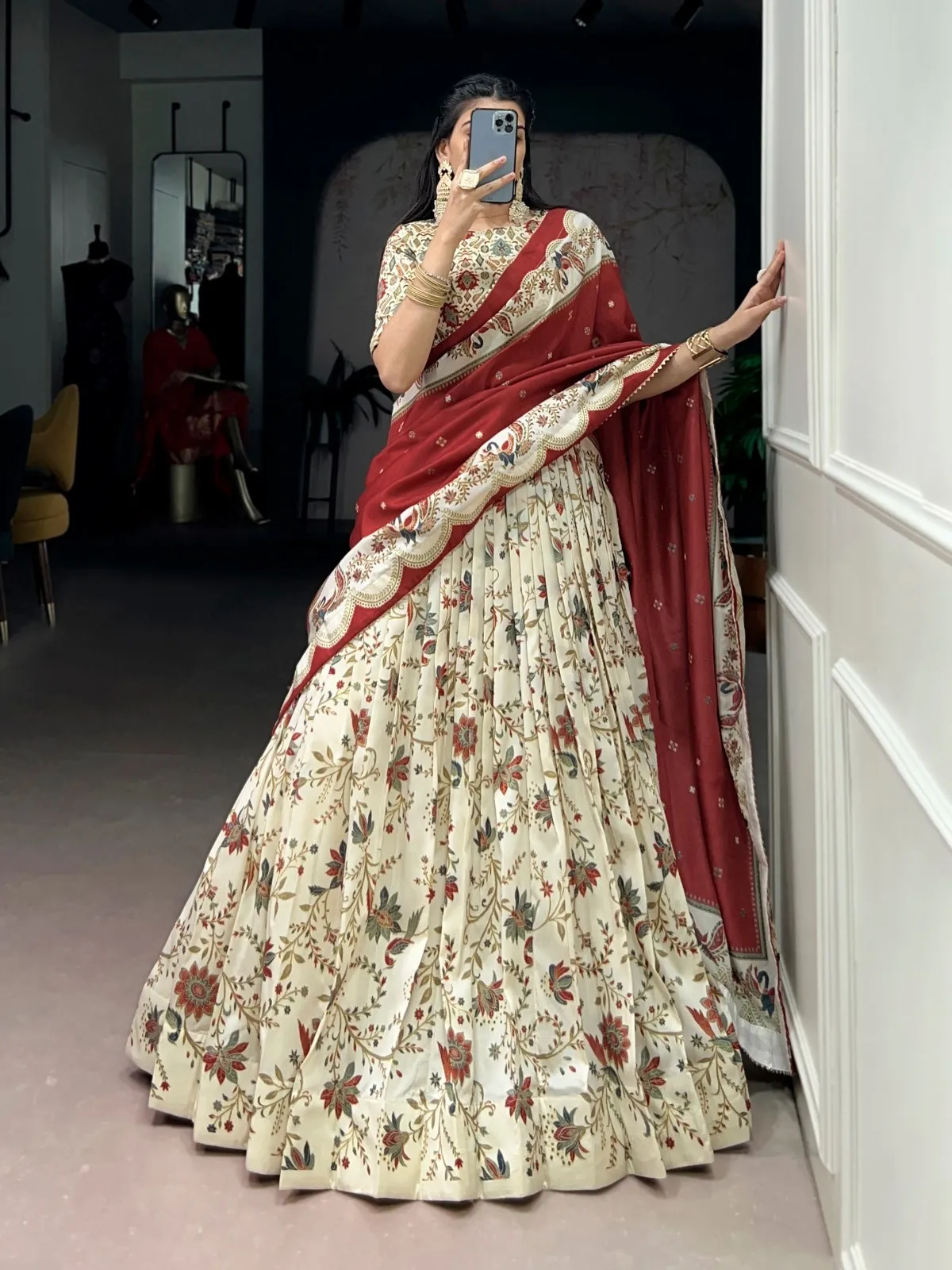 White Silk Printed Lehenga Choli