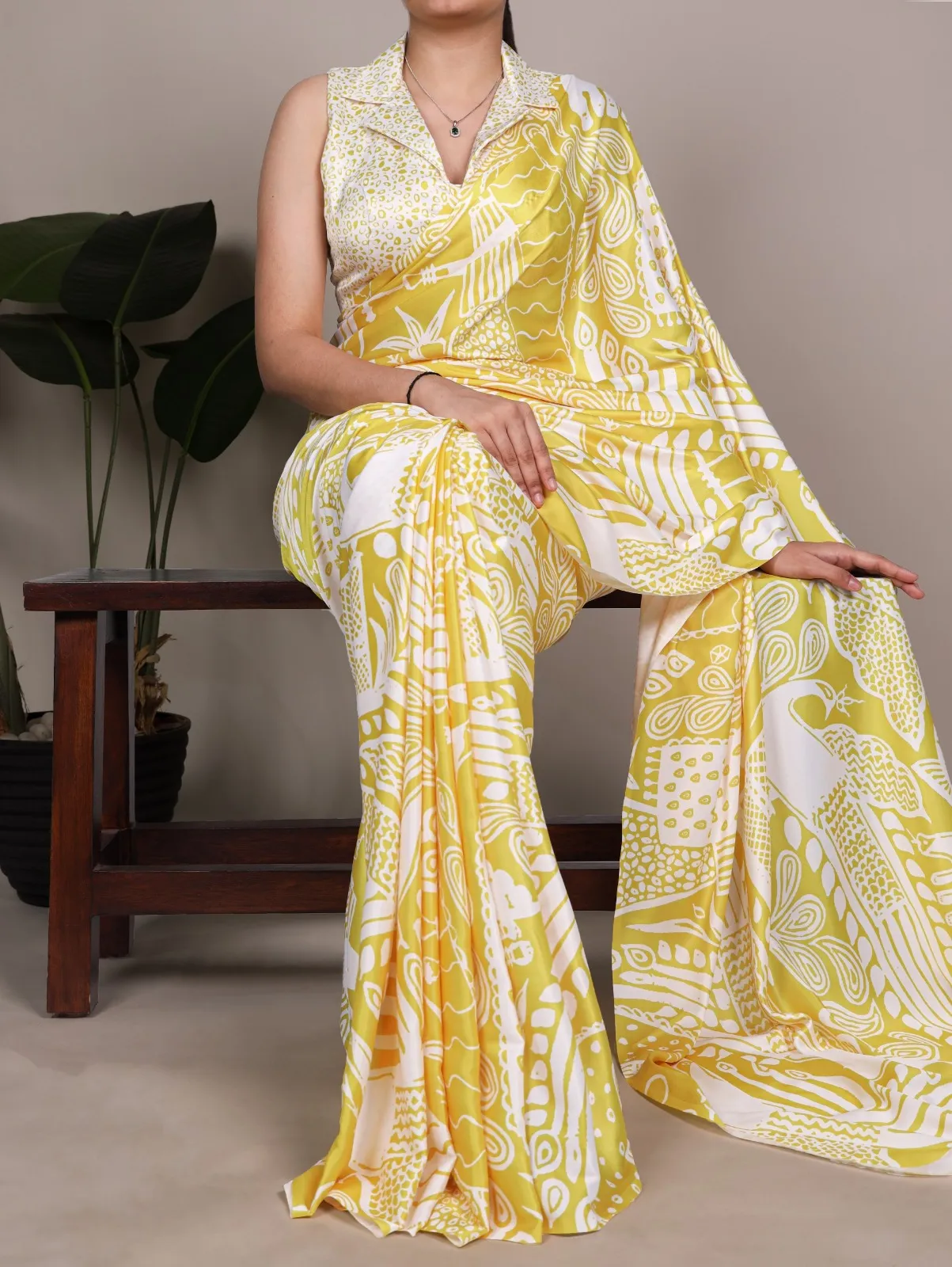 Yellow Satin Printed Sarees