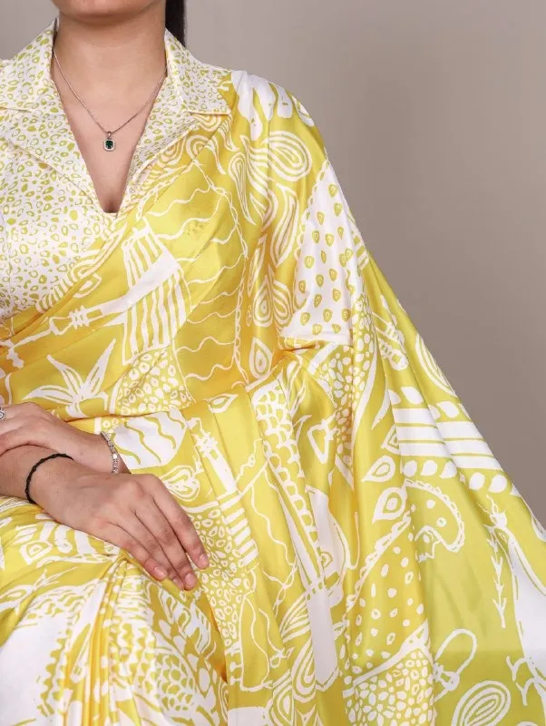 Yellow Satin Printed Sarees - Image 2