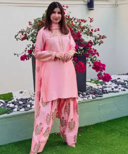 Baby Pink Farsi Salwar Suit with Multi Color Embroidery
