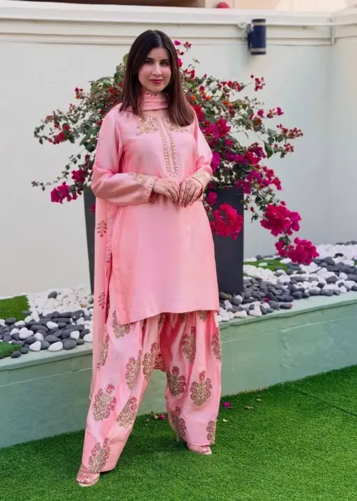 Baby Pink Farsi Salwar Suit with Multi Color Embroidery