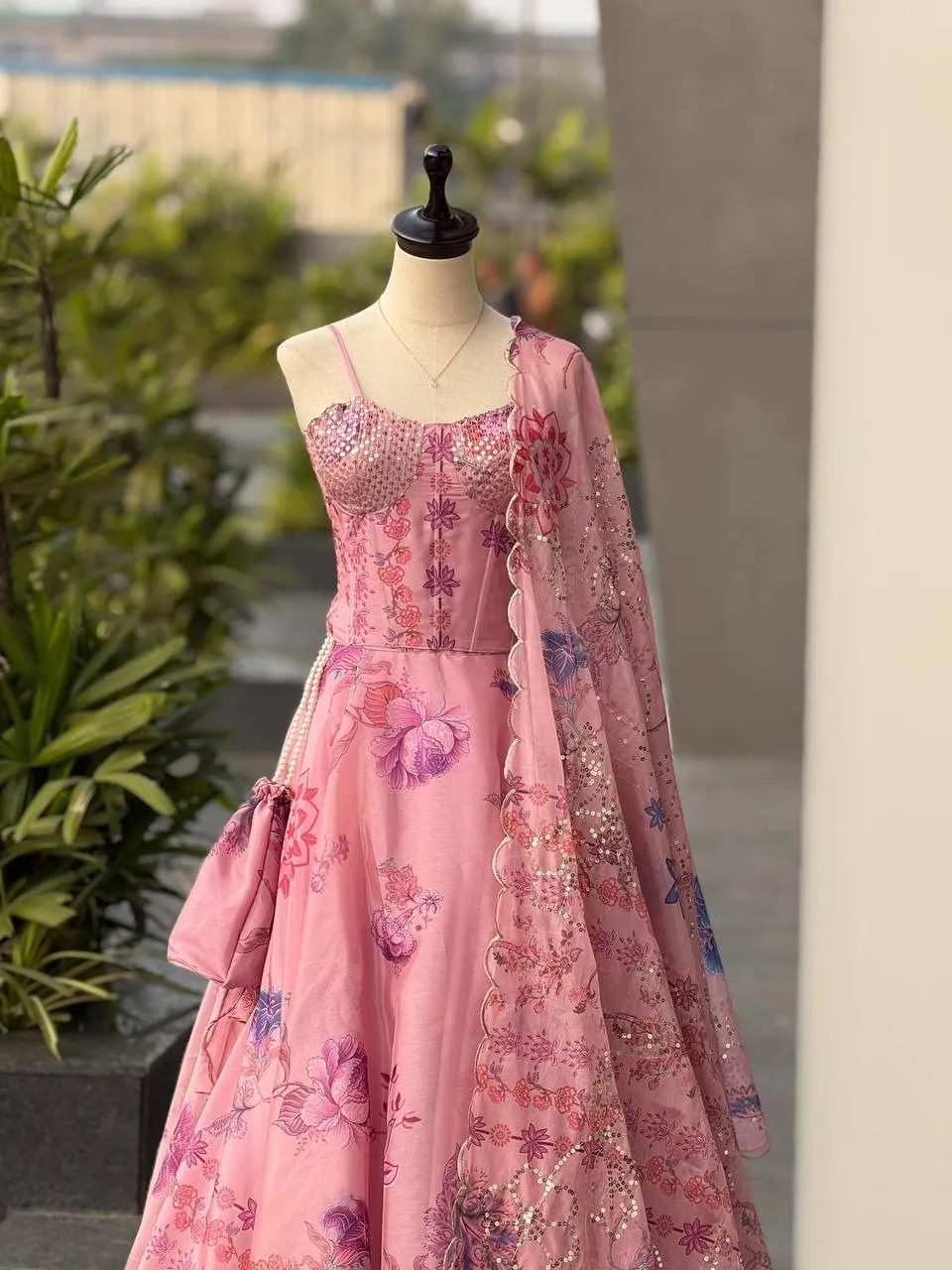 Baby Pink Printed Corset Lehenga Choli