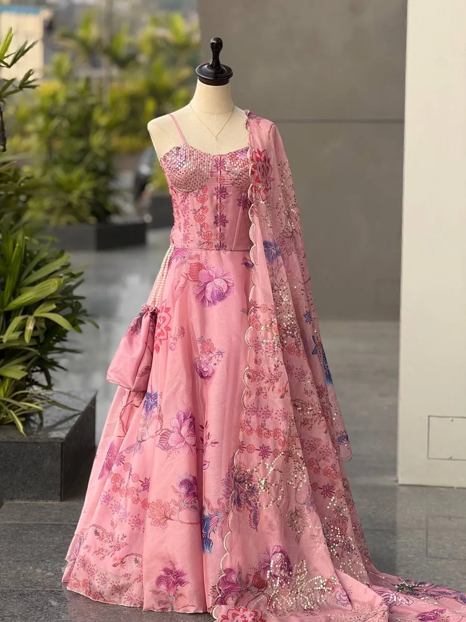 Baby Pink Printed Corset Lehenga Choli - Image 2