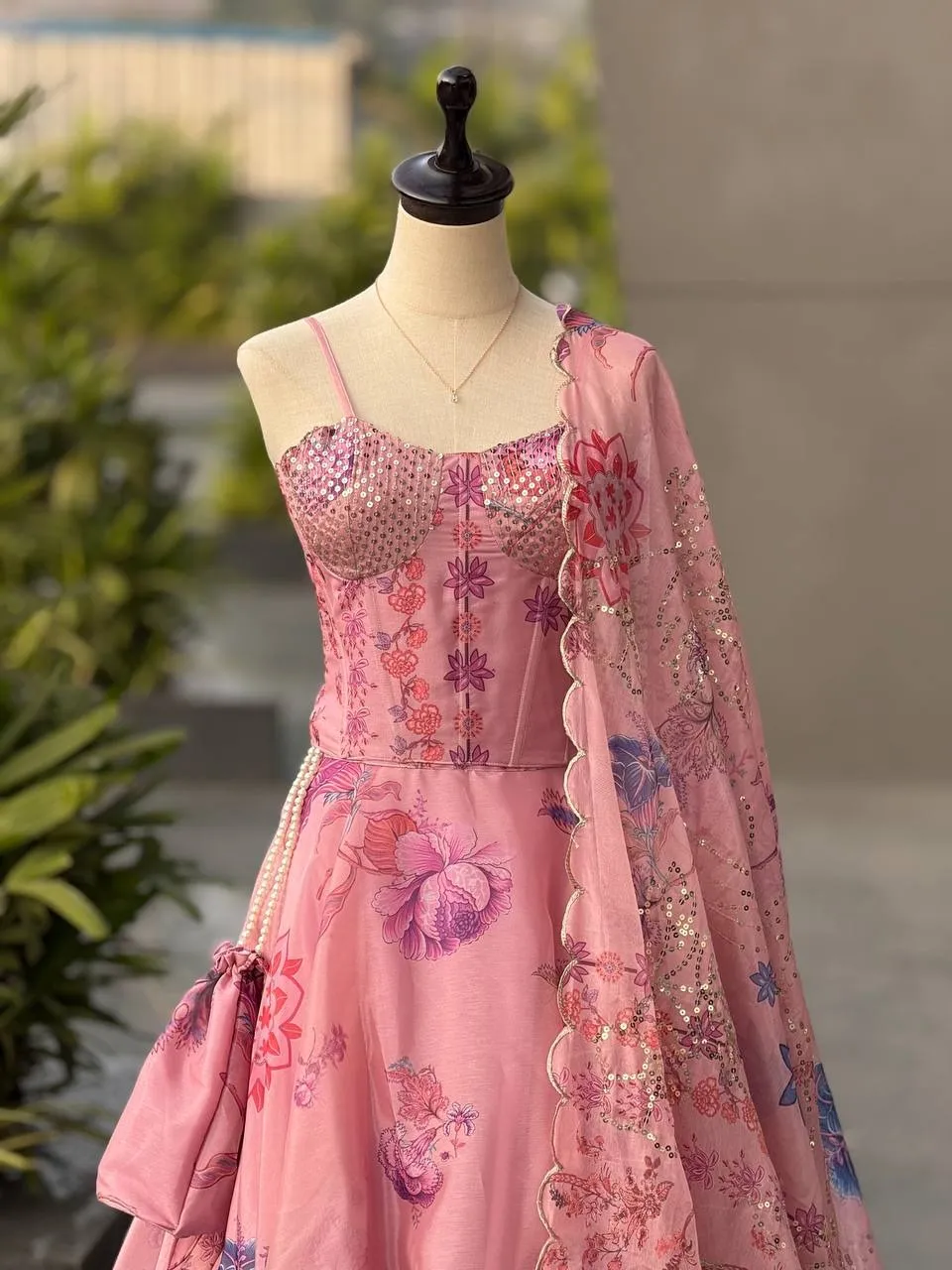 Baby Pink Printed Corset Lehenga Choli - Image 3