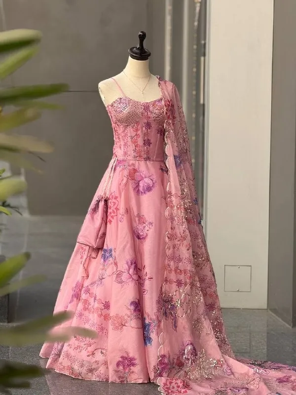 Baby Pink Printed Corset Lehenga Choli - Image 4