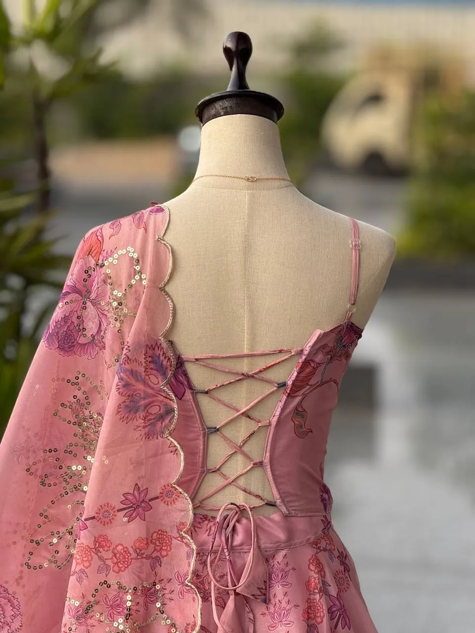 Baby Pink Printed Corset Lehenga Choli - Image 5