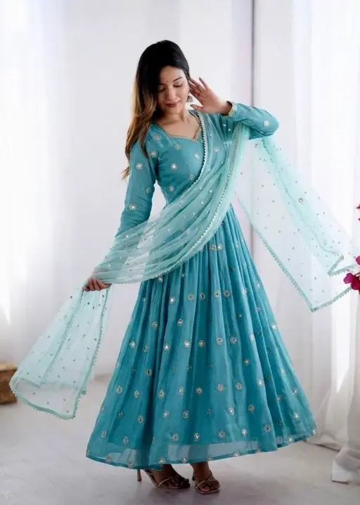 Sky Blue Embroidery Anarkali Suit for Girls