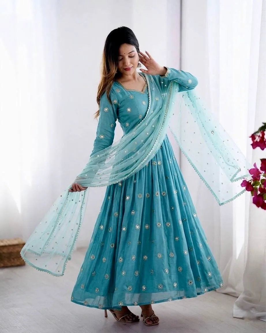 Sky Blue Embroidery Anarkali Suit for Girls