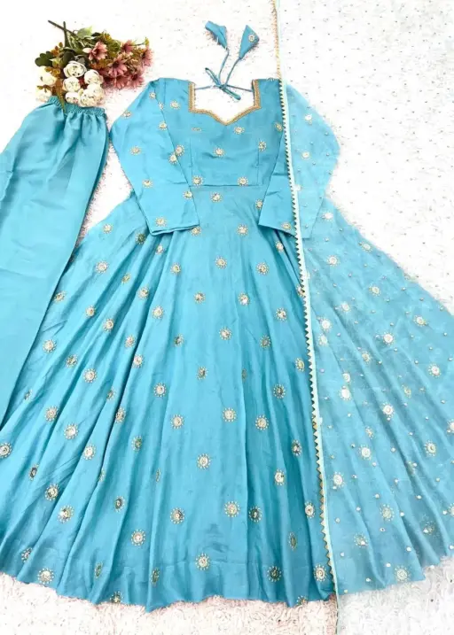Sky Blue Embroidery Anarkali Suit for Girls