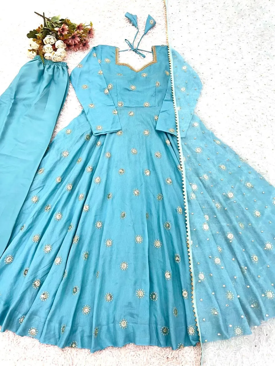 Sky Blue Embroidery Anarkali Suit for Girls