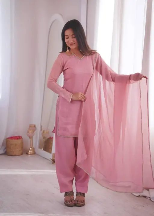 Baby Pink Readymade Straight Salwar Suit