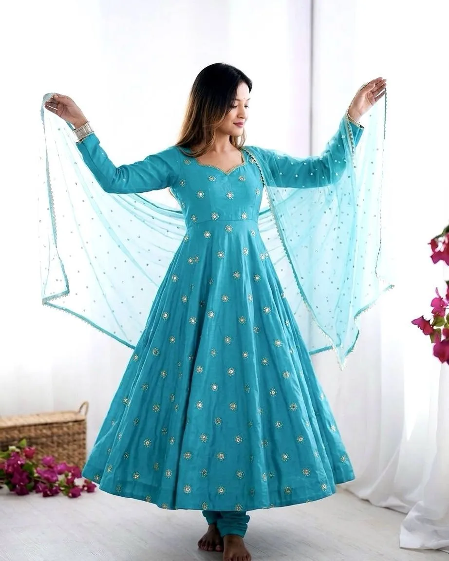 Sky Blue Embroidery Anarkali Suit for Girls