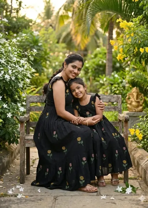 Black Flower Mother Daughter Gown Combo Matching Black Embroidered Dress Set