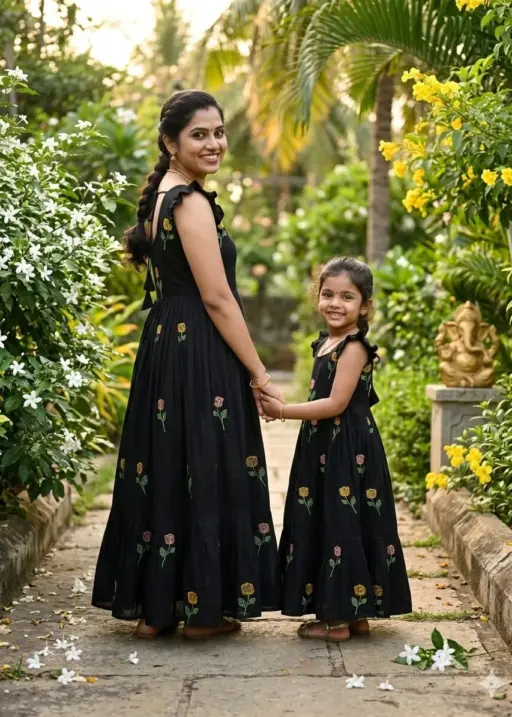 Black Flower Mother Daughter Gown Combo Matching Black Embroidered Dress Set