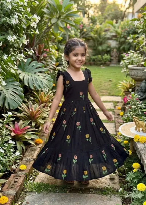 Black Flower Mother Daughter Gown Combo Matching Black Embroidered Dress Set