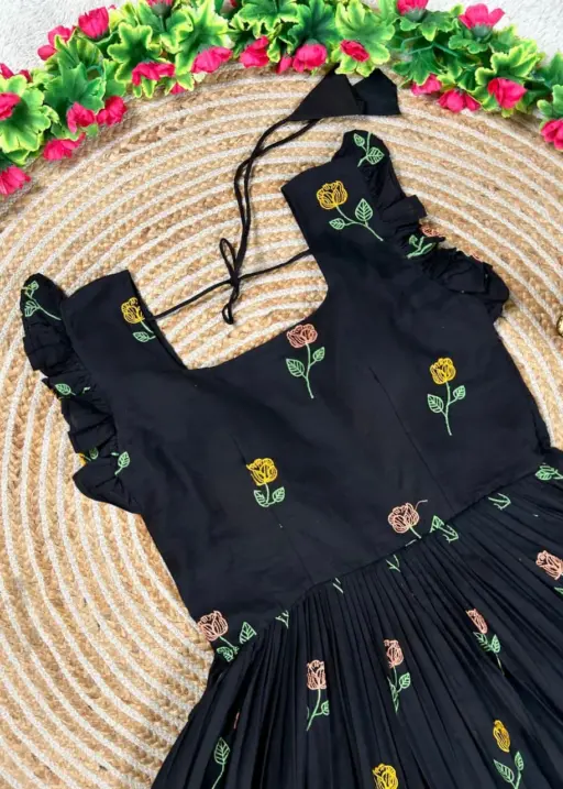 Black Flower Mother Daughter Gown Combo Matching Black Embroidered Dress Set
