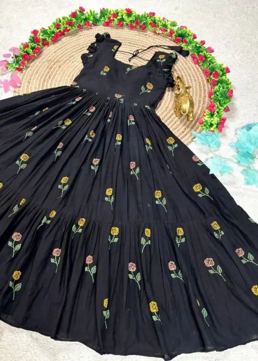 Black Flower Mother Daughter Gown Combo Matching Black Embroidered Dress Set