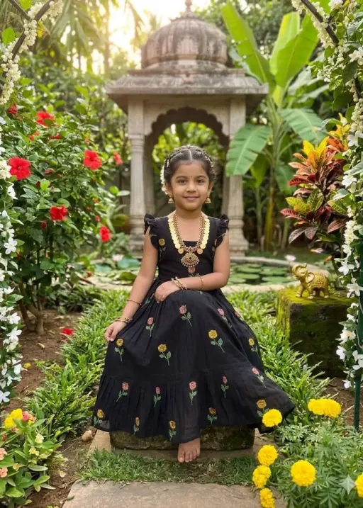 Black Flower Mother Daughter Gown Combo Matching Black Embroidered Dress Set