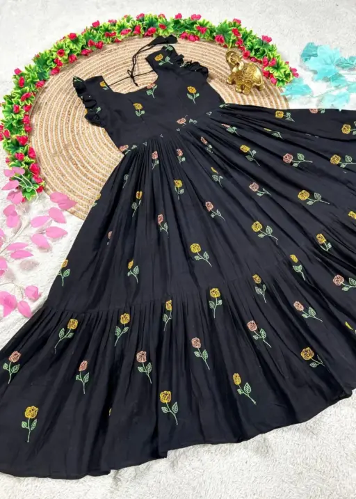 Black Flower Mother Daughter Gown Combo Matching Black Embroidered Dress Set