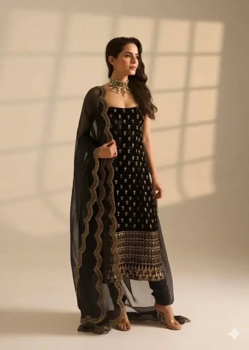 Black Sleeveless 3 Piece Kurti Set for Pooja Function