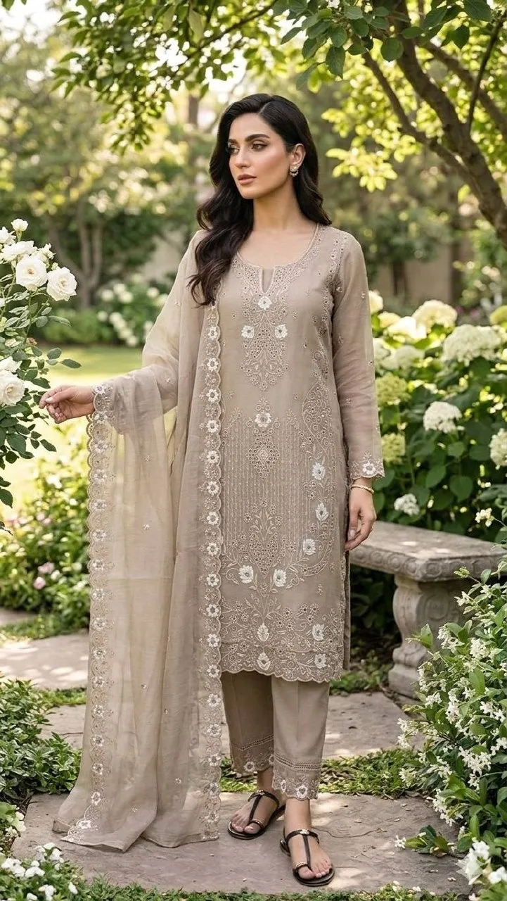 Chiku Cutwork Pakistani Dress for Wedding