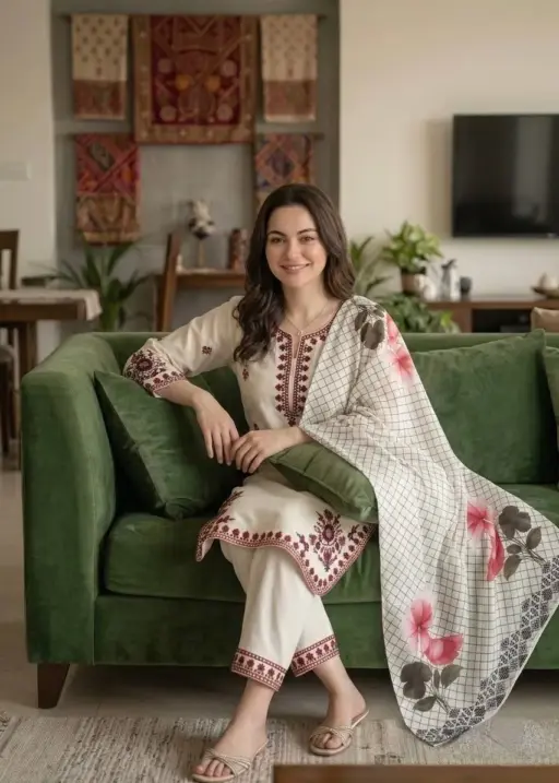 Hania Amir inspired white palazzo salwar suit satin rayon embroidery with printed dupatta elegant women ethnic wear India