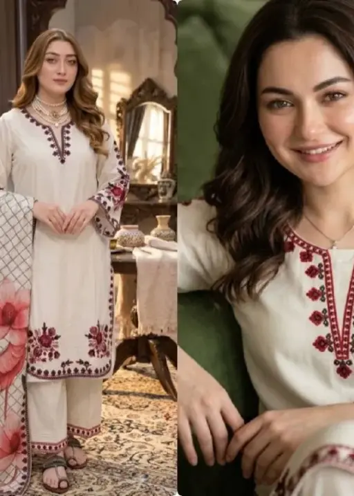 Hania Amir inspired white palazzo salwar suit satin rayon embroidery with printed dupatta elegant women ethnic wear India