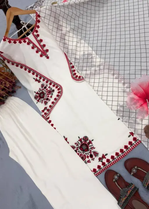 Hania Amir inspired white palazzo salwar suit satin rayon embroidery with printed dupatta elegant women ethnic wear India