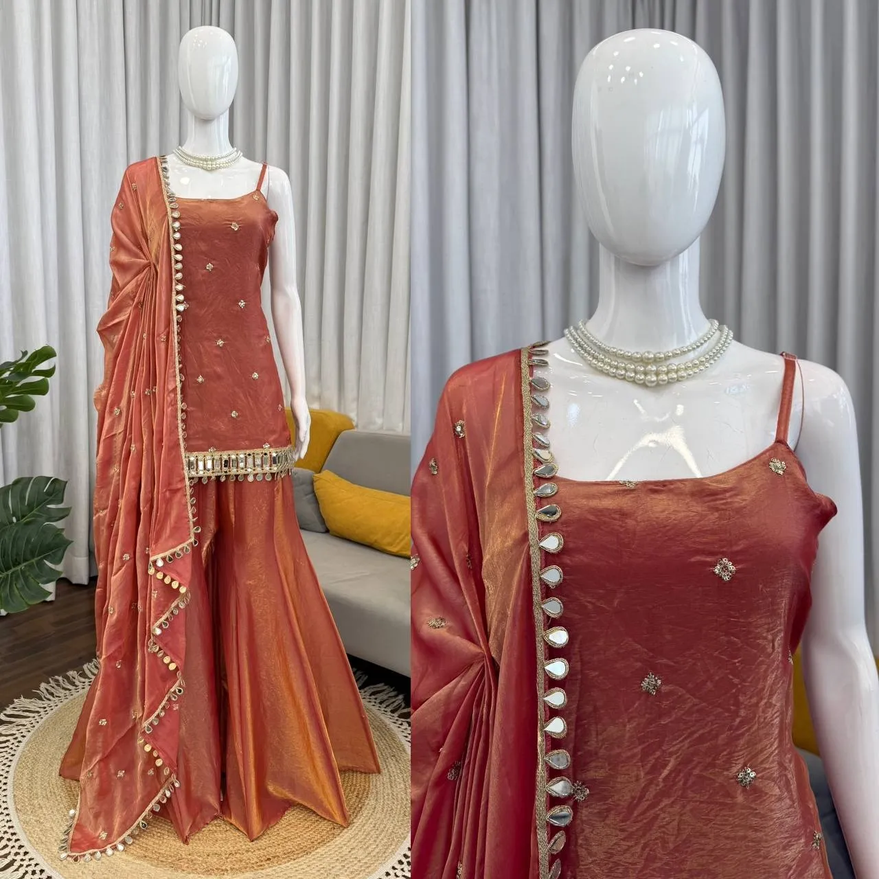 Rust Sleeveless Mirror Kurta Set - Image 2