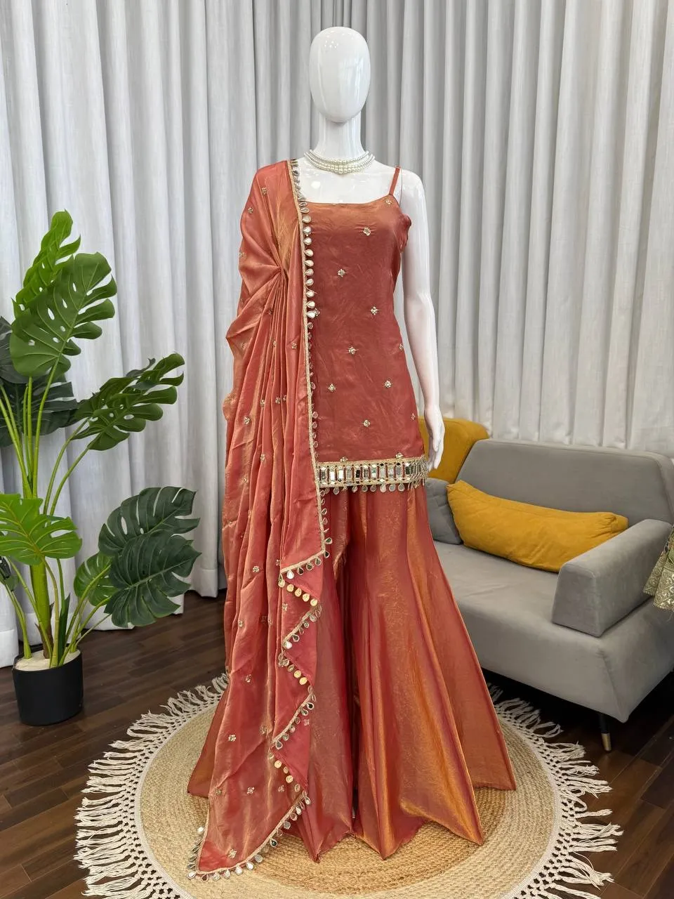 Rust Sleeveless Mirror Kurta Set - Image 3