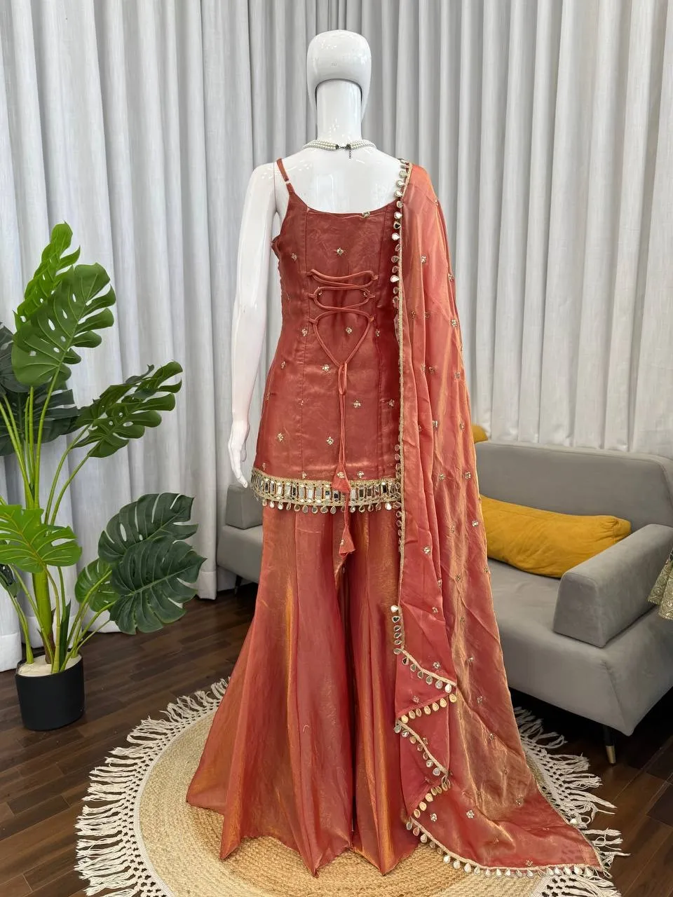 Rust Sleeveless Mirror Kurta Set - Image 4