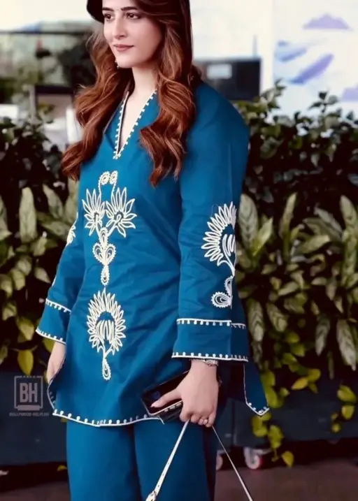 Nupur Sanon inspired blue co ord set rayon embroidery stylish women outfit casual office wear India