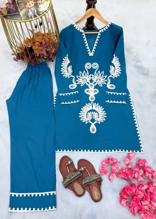 Nupur Sanon inspired blue co ord set rayon embroidery stylish women outfit casual office wear India