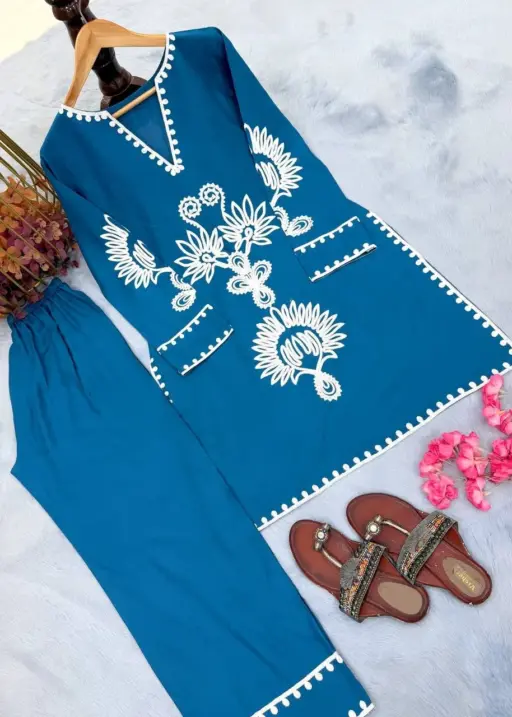 Nupur Sanon inspired blue co ord set rayon embroidery stylish women outfit casual office wear India