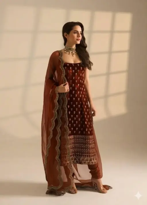 Orange 3 Piece Kurti Set for Pooja Function