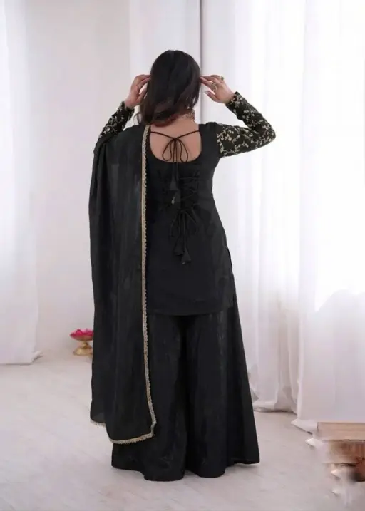 Peacock Embroidery Black Plazzo Salwar Suit for Party