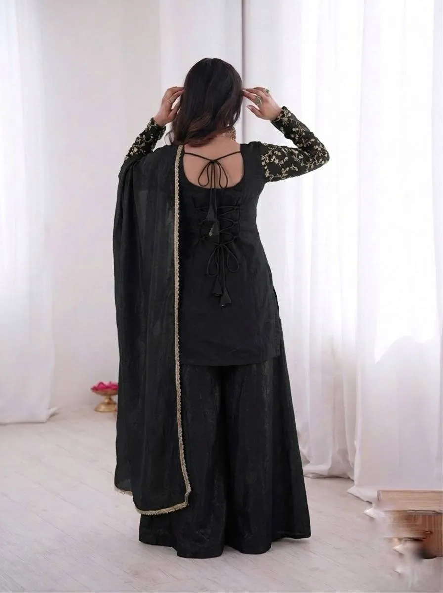Peacock Embroidery Black Plazzo Salwar Suit for Party