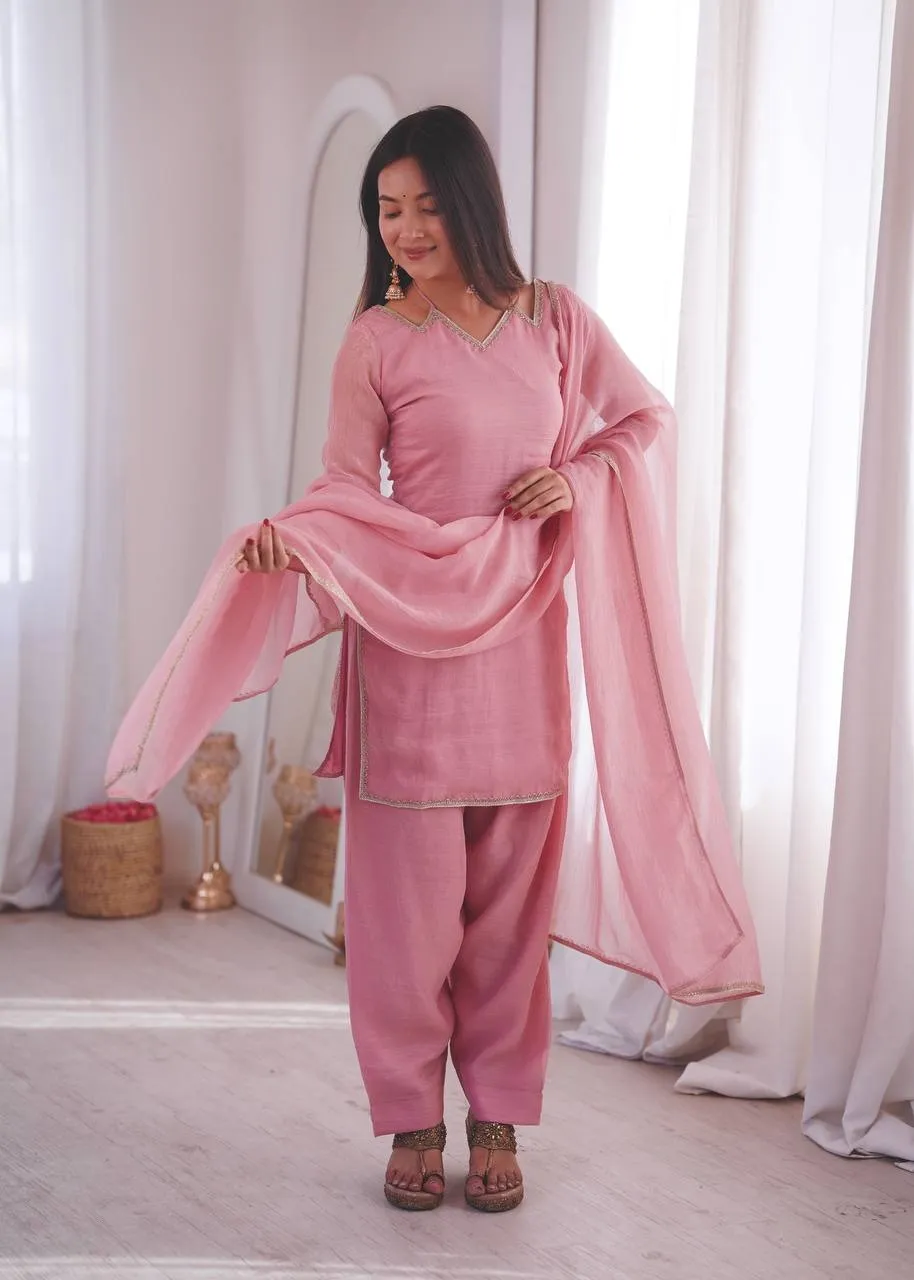 Baby Pink Readymade Straight Salwar Suit