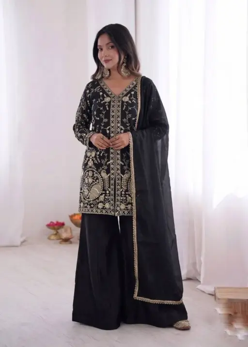 Peacock Embroidery Black Plazzo Salwar Suit for Party