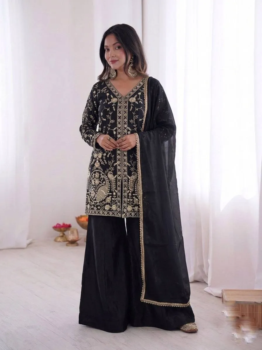 Peacock Embroidery Black Plazzo Salwar Suit for Party