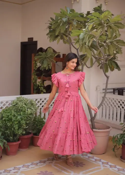 Pure Cotton Girls Pink Frock with Embroidery