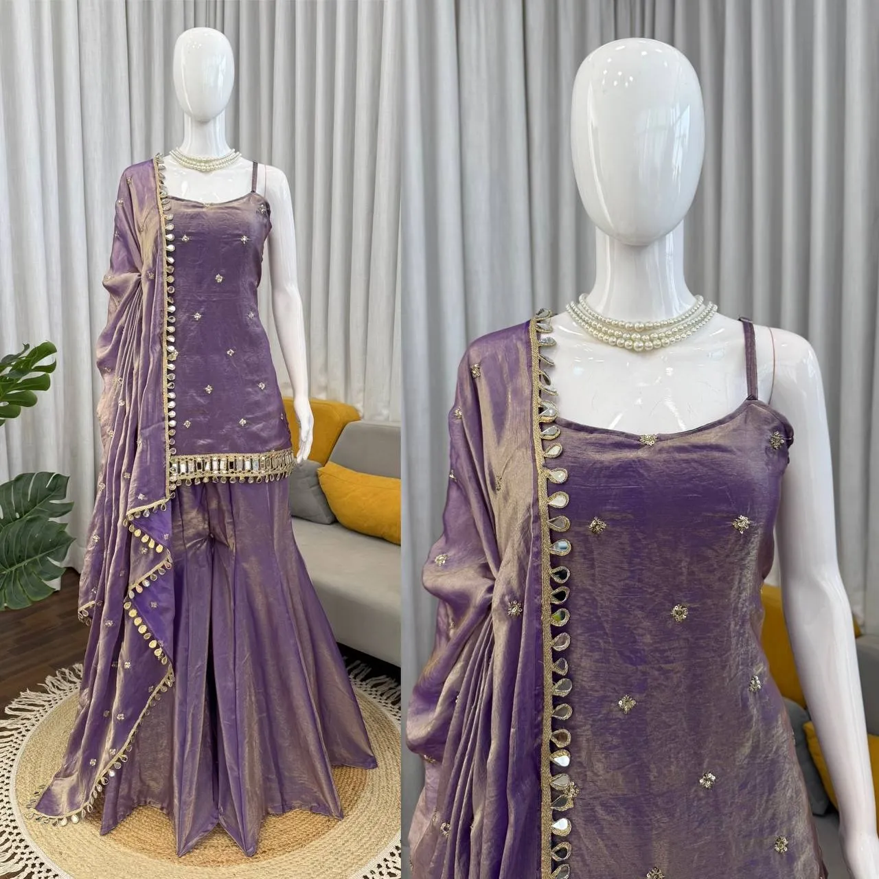 Purple Sleeveless Mirror Kurta Set - Image 2